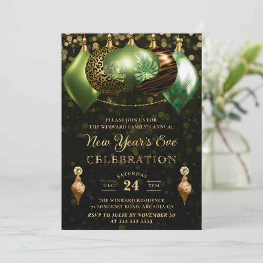 Safari Wild Animal Print Baubles Neujahr Einladung (Stehend Vorderseite)