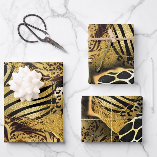 Safari Wild Animal Print Gold, schwarzer afrikanis Geschenkpapier Set (Vorderseite)