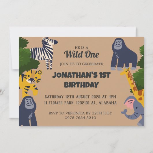 Safari Wild ein einfaches Niedliches erstes Geburt Einladung (Vorderseite)