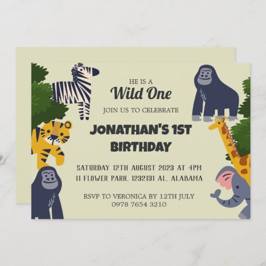 Safari Wild ein einfaches Niedliches erstes Geburt Einladung (Vorne/Hinten)