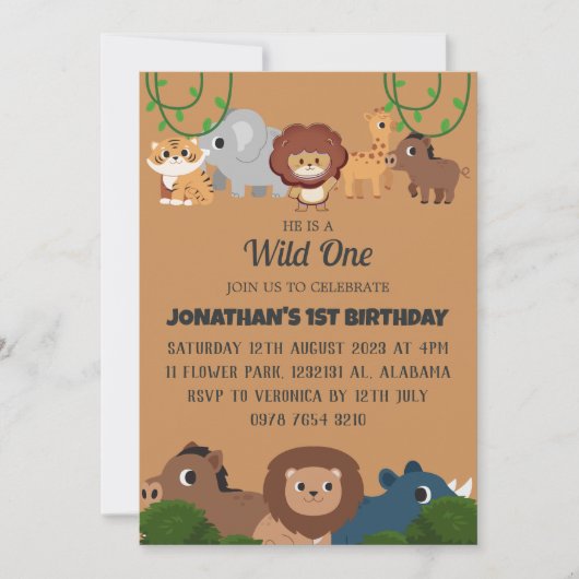 Safari Wild ein einfaches Niedliches First Geburts Einladung (Vorderseite)