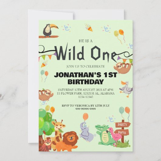 Safari Wild ein einfaches Niedliches First Geburts Einladung (Vorderseite)