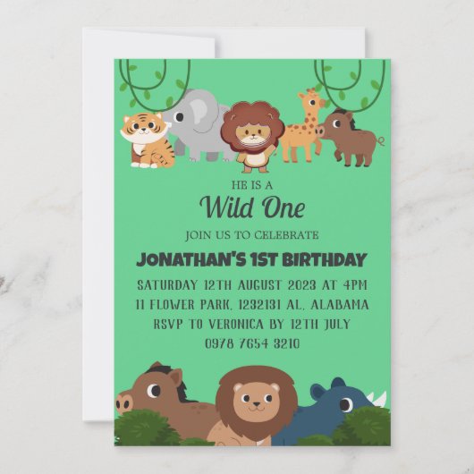 Safari Wild ein einfaches Niedliches First Geburts Einladung (Vorderseite)