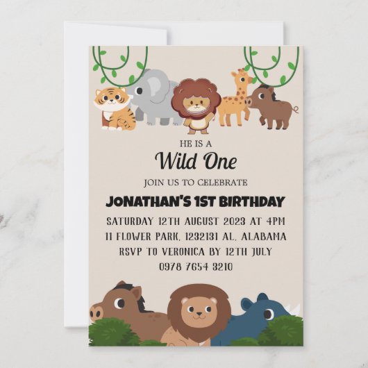 Safari Wild ein einfaches Niedliches First Geburts Einladung (Vorderseite)