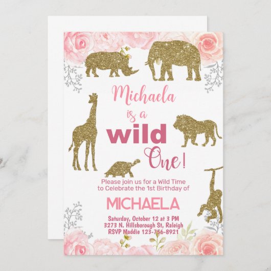 Safari Wild Ein Mädchen Einladung zum 1. Geburtsta (Vorne/Hinten)