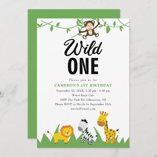 Safari Wild One 1. Geburtstag Niedlich Kawaii Einladung (Vorne/Hinten)