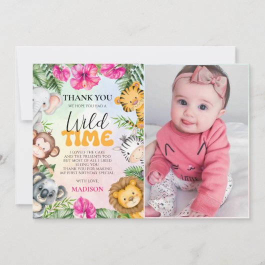 Safari Wild One 1. Girl Birthday Foto Dankeskarte (Vorderseite)