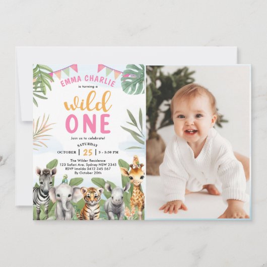 Safari Wild One 1. Girl Birthday Foto Einladung (Vorderseite)