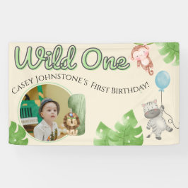 Safari Wild One 1 Photo Watercolor 1st Birthday  Banner