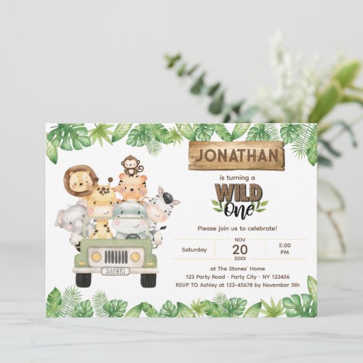 Safari Wild One Birthday Einladung Niedlicher Tier (Stehend Vorderseite)
