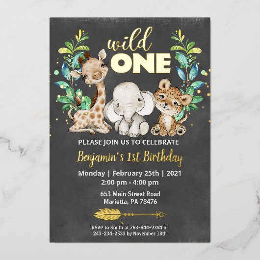 Safari Wild One Birthday Party Real Folieneinladung (Vorderseite)