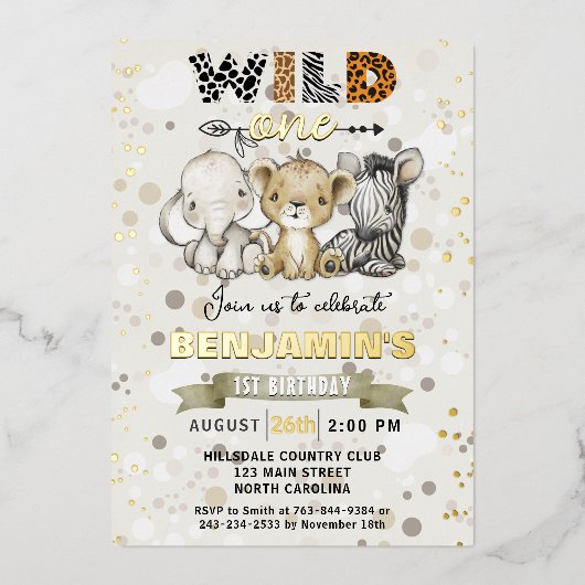 Safari Wild One Birthday Party Real Gold Folieneinladung (Vorderseite)