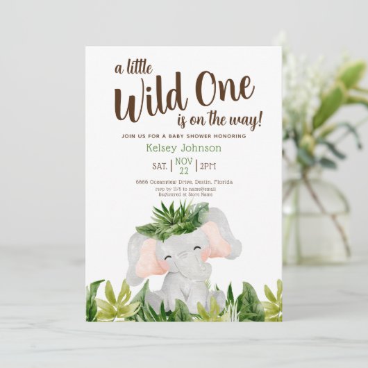Safari Wild One Elephant Greenerenery Baby Shower Einladung (Stehend Vorderseite)