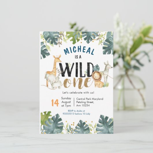 Safari wild One Geburtstag Junge Einladung (Stehend Vorderseite)