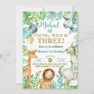 Safari Young Wild Drei Junge 3. Geburtstag einlade Einladung