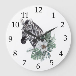 Safari Zebra Tropische Blume Große Wanduhr