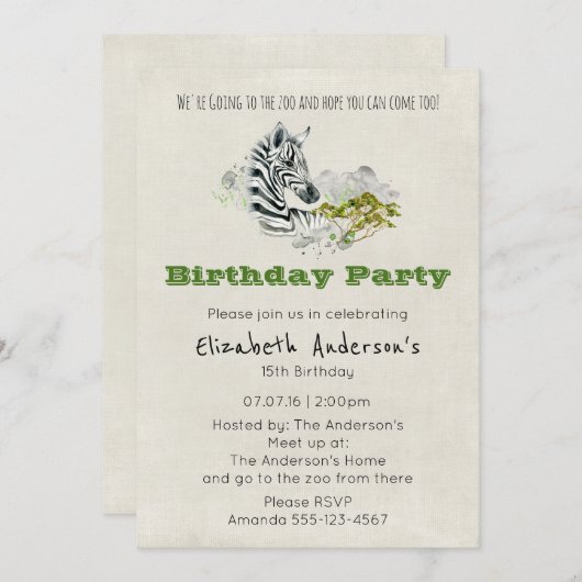 Safari Zebra Zoo Party Geburtstag Einladung (Vorne/Hinten)