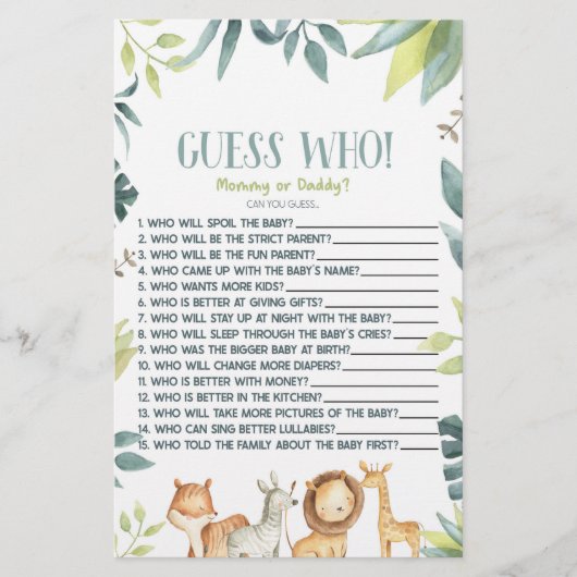 Safari Zoo Wild Animal Guess Who! Baby Shower Game Briefpapier (Vorderseite)