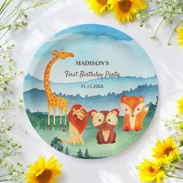 Safari Zootiere Blaue Wasserfarbe Pappteller