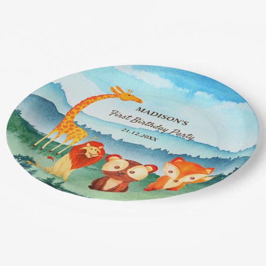 Safari Zootiere Blaue Wasserfarbe Pappteller (Schrägansicht)