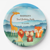 Safari Zootiere Blaue Wasserfarbe Pappteller (Vorderseite)