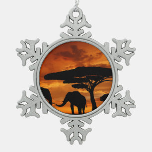 Safariafrikanische Baobabbaum-Elefant-Silhouette Schneeflocken Zinn-Ornament