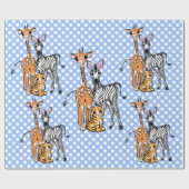 Safarifreunde, Giraffen, Zebra, Tiger, blaue Polka Geschenkpapier (Flach)