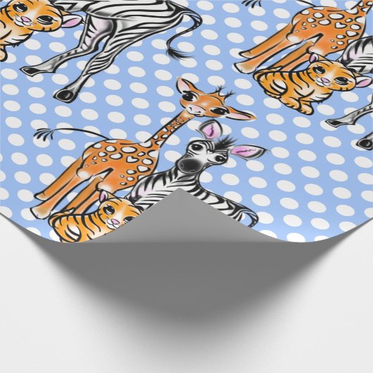 Safarifreunde, Giraffen, Zebra, Tiger, blaue Polka Geschenkpapier (Ecke)