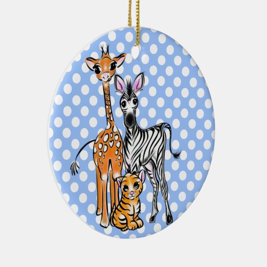 Safarifreunde, Giraffen, Zebra, Tiger, blaue Polka Keramik Ornament (Rechts)