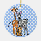 Safarifreunde, Giraffen, Zebra, Tiger, blaue Polka Keramik Ornament (Vorne)