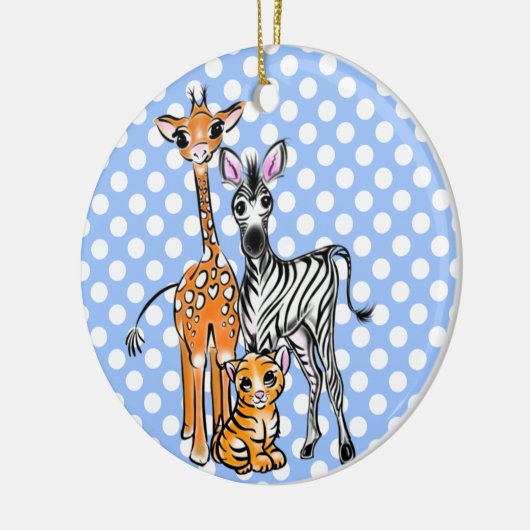 Safarifreunde, Giraffen, Zebra, Tiger, blaue Polka Keramik Ornament (Links)