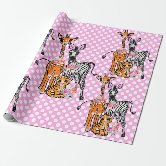 Safarifreunde, Giraffen, Zebra, Tiger, rosa Polka Geschenkpapier (Ungerollt)