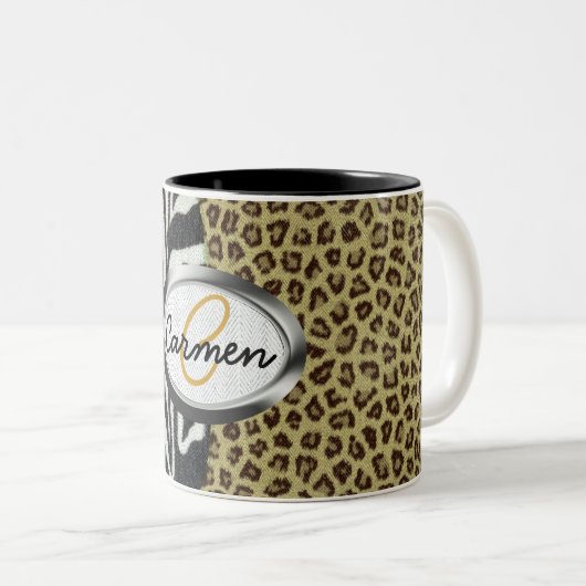 Safarileopard-und Zebra-Druck-Monogramm Zweifarbige Tasse (VorderseiteRechts)
