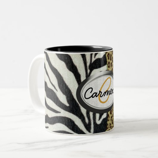 Safarileopard-und Zebra-Druck-Monogramm Zweifarbige Tasse (Vorderseite Links)