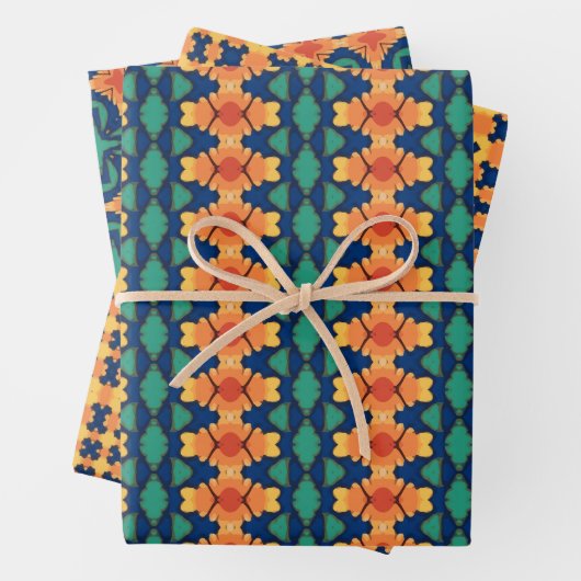 Saffron Bloom Navy Orange und grüne Blumen Geschenkpapier Set (Beispiel)