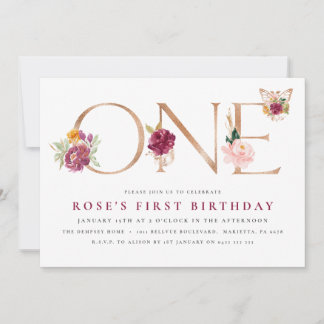 Saffron Rose Gold Floral Butterfly 1. Geburtstag  Einladung