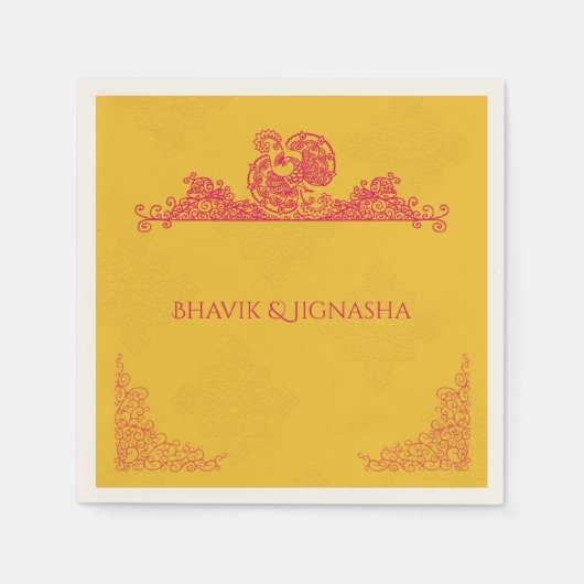 Saffron und Pink Peacock Indian Wedkin Napkin Serviette (Vorderseite)