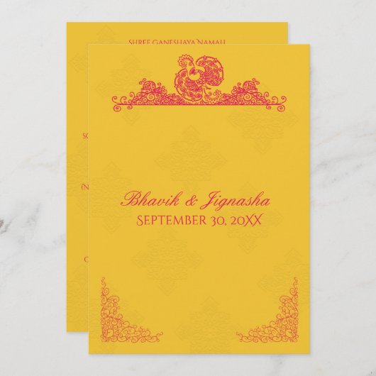 Saffron und Pink Peacock - Indische Hochzeitseinla Einladung (Vorne/Hinten)