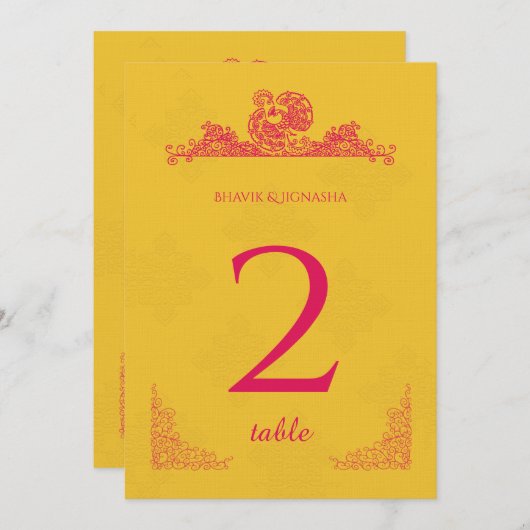Saffron und Pink Peacock Indische Tischnummer (Vorne/Hinten)