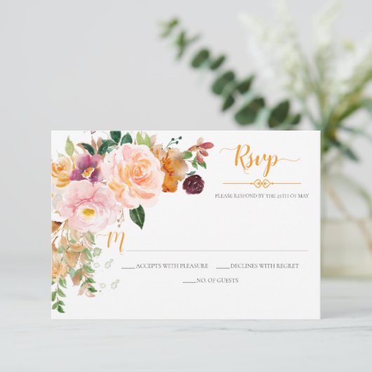 Saffron Yellow Blush Mauve Corner Bouquet RSVP Karte (Stehend Vorderseite)