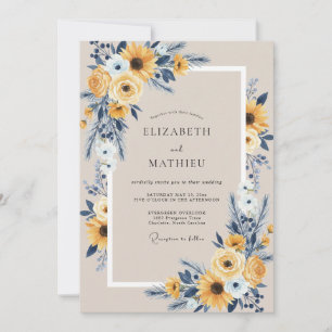 Safran Indigo Sonnenblume Eukalyptus Hochzeit Einladung