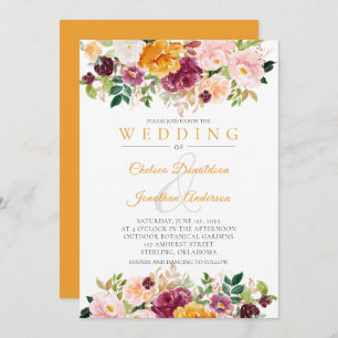 Safran, Rosa, Burgunder Wasserfarben Rose Hochzeit Einladung