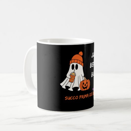 Saft vor Boos - Halloween Ghost & Pumpkin Kaffeetasse (Vorderseite Links)