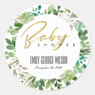 SAFTIGE KRANZBLÄTTER WATERCOLOR BABY SHOWER RUNDER AUFKLEBER