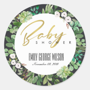 SAFTIGE KRANZBLÄTTER WATERCOLOR BABY SHOWER RUNDER AUFKLEBER