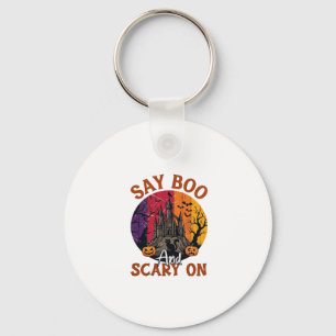 Sag Boo Gruseliges Halloween Spukhaus Schwarze Kat Schlüsselanhänger