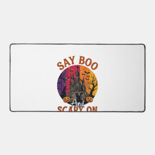 Sag Boo Gruseliges Halloween Spukhaus Schwarze Kat Schreibtischunterlage