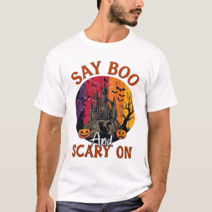 Sag Boo Gruseliges Halloween Spukhaus Schwarze Kat T-Shirt