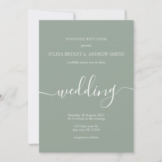 Saga green minimalistische Script Hochzeit Einladung (Vorderseite)