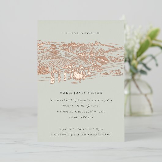 Saga Green Rose Gold Weinkeller Brautparty Folieneinladung (Stehend vorne)